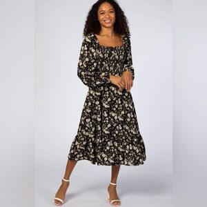Hayden Black Floral Smocked Midi VGUC